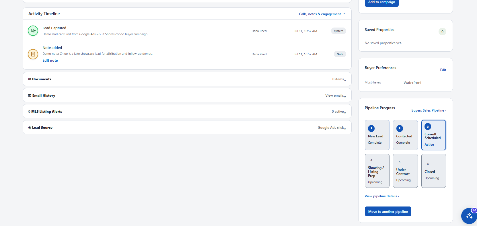 CRM contact record showing the activity timeline, documents, email history, and pipeline progress