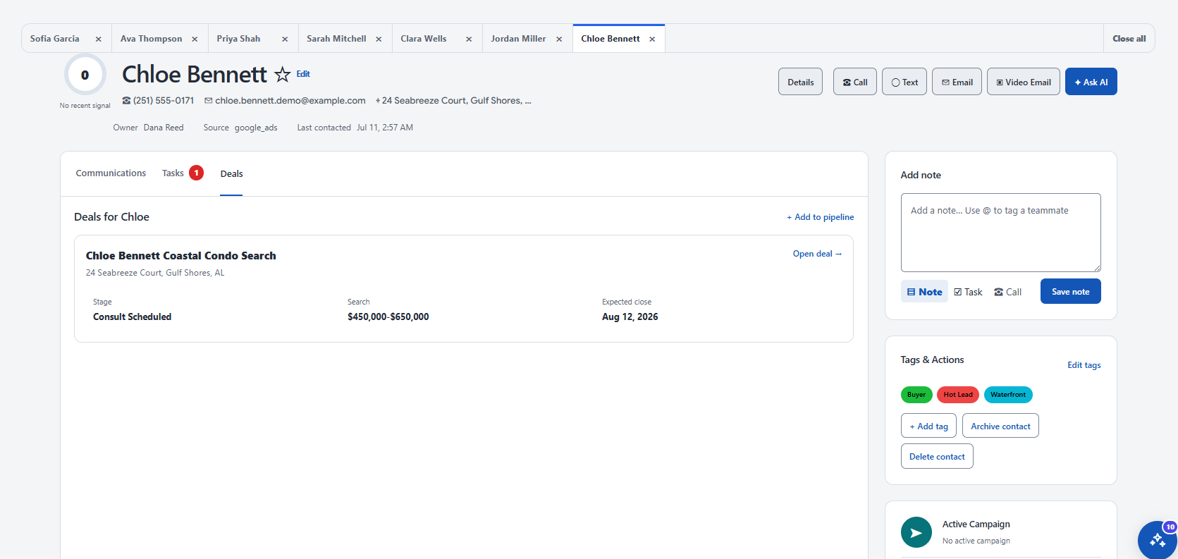 CRM contact record showing a client deal, contact details, and communication actions