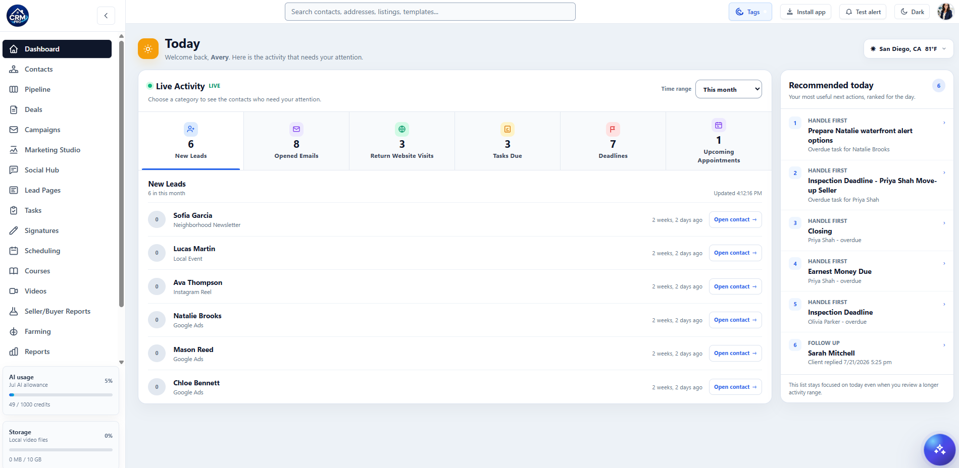 CRM dashboard with live activity and recommended next actions