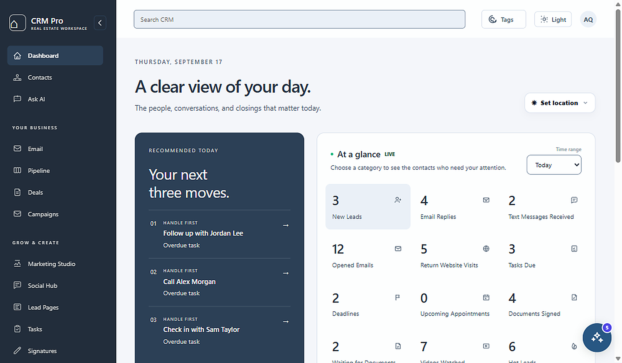 Light Ocean Blue dashboard showing fictional sample activity for Jordan Lee, Alex Morgan, and Sam Taylor.