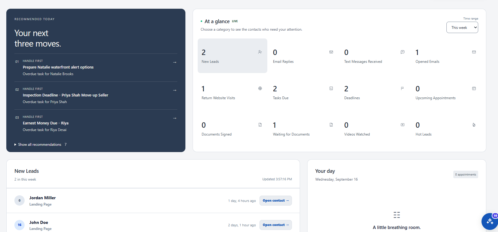 Real Estate CRM Pro dashboard with recommended next moves and at-a-glance lead, message, task, deadline, and appointment activity