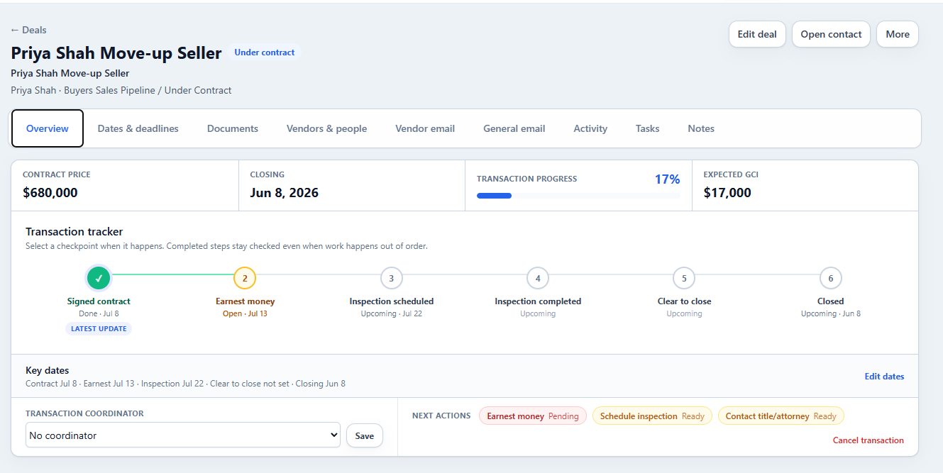 Updated deal workspace with transaction progress, key dates, and next actions