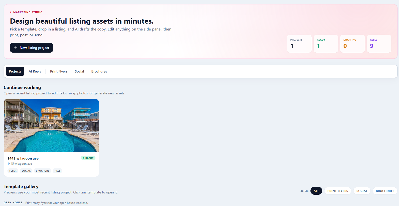 Marketing Studio with listing templates and AI reels