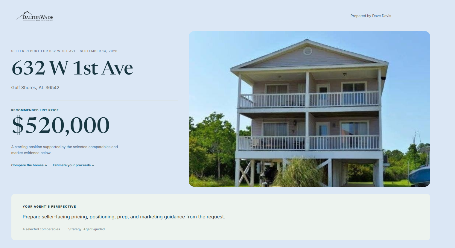 Seller CMA report overview with recommended list price and property photo