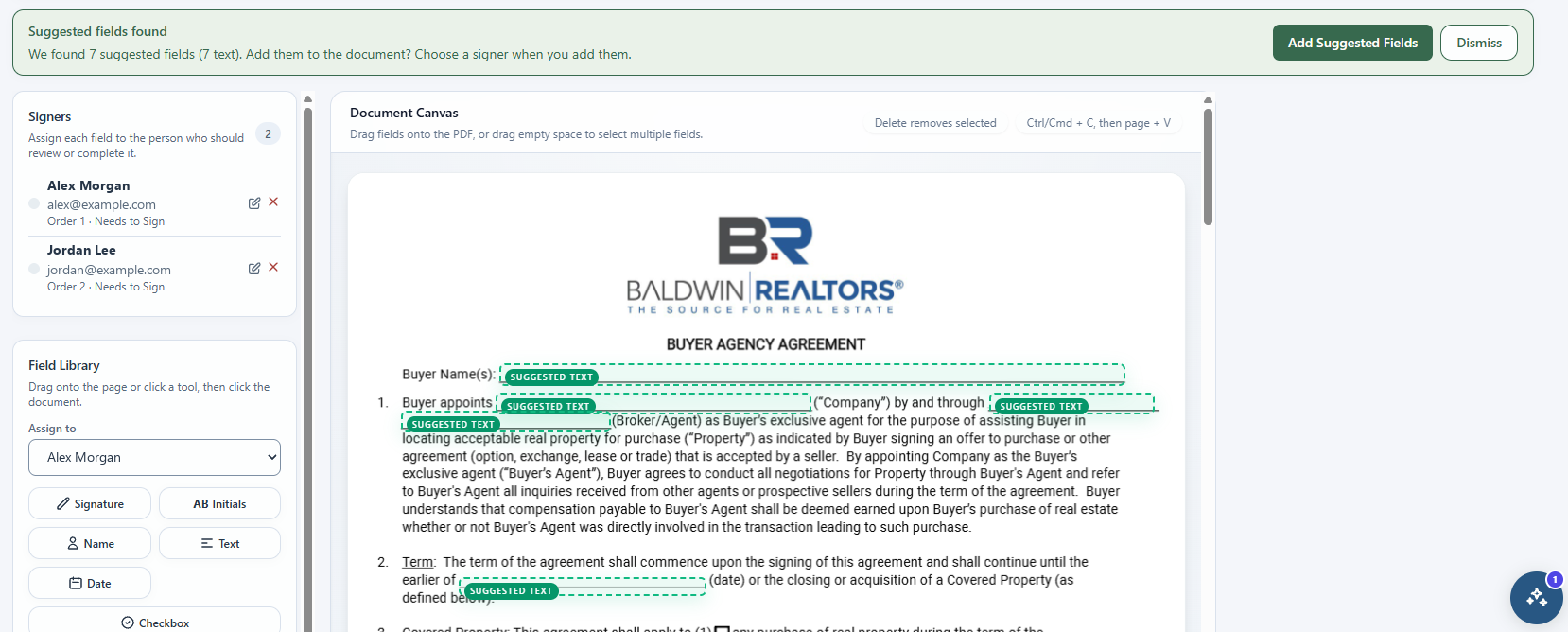 Electronic signing workspace showing suggested fields, signers, and document canvas