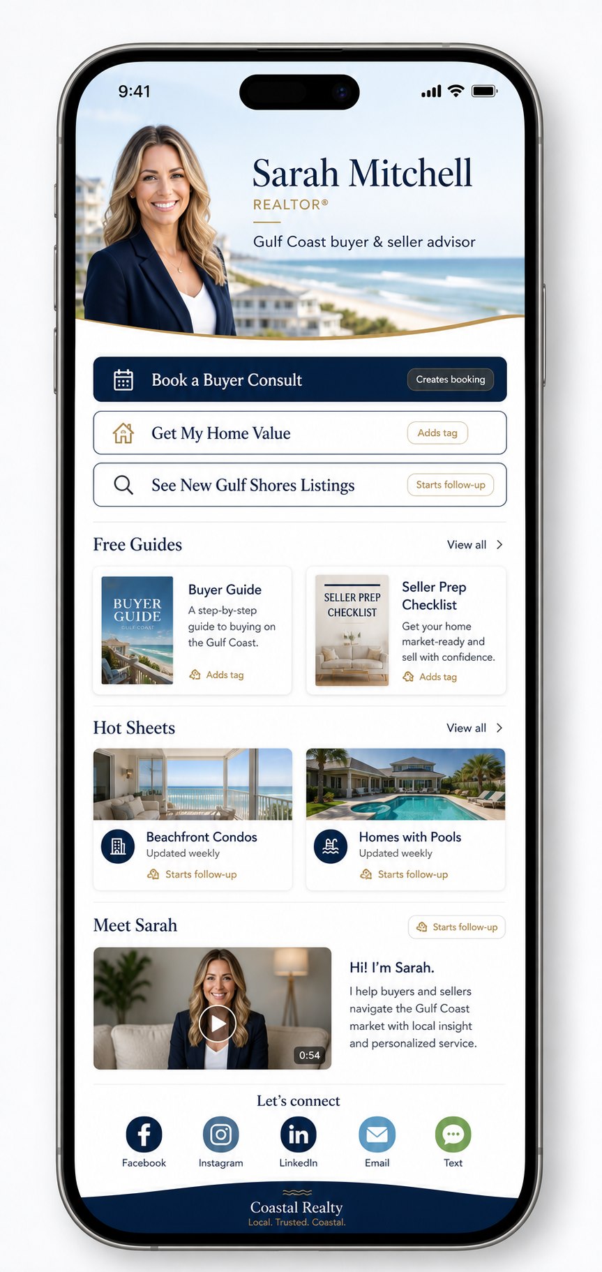 Social Agent Bio Hub with booking, home valuation, listings, guides, video, and CRM follow-up paths