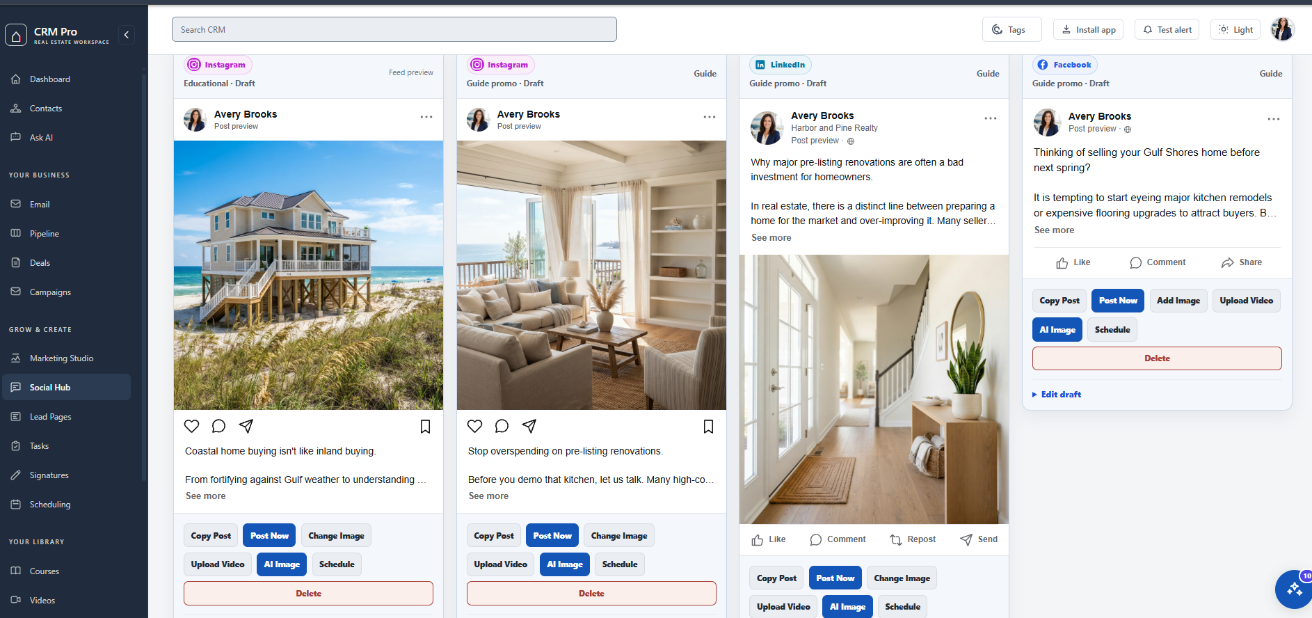 Real Estate CRM Pro Social Hub showing Instagram, LinkedIn, and Facebook content previews and post actions