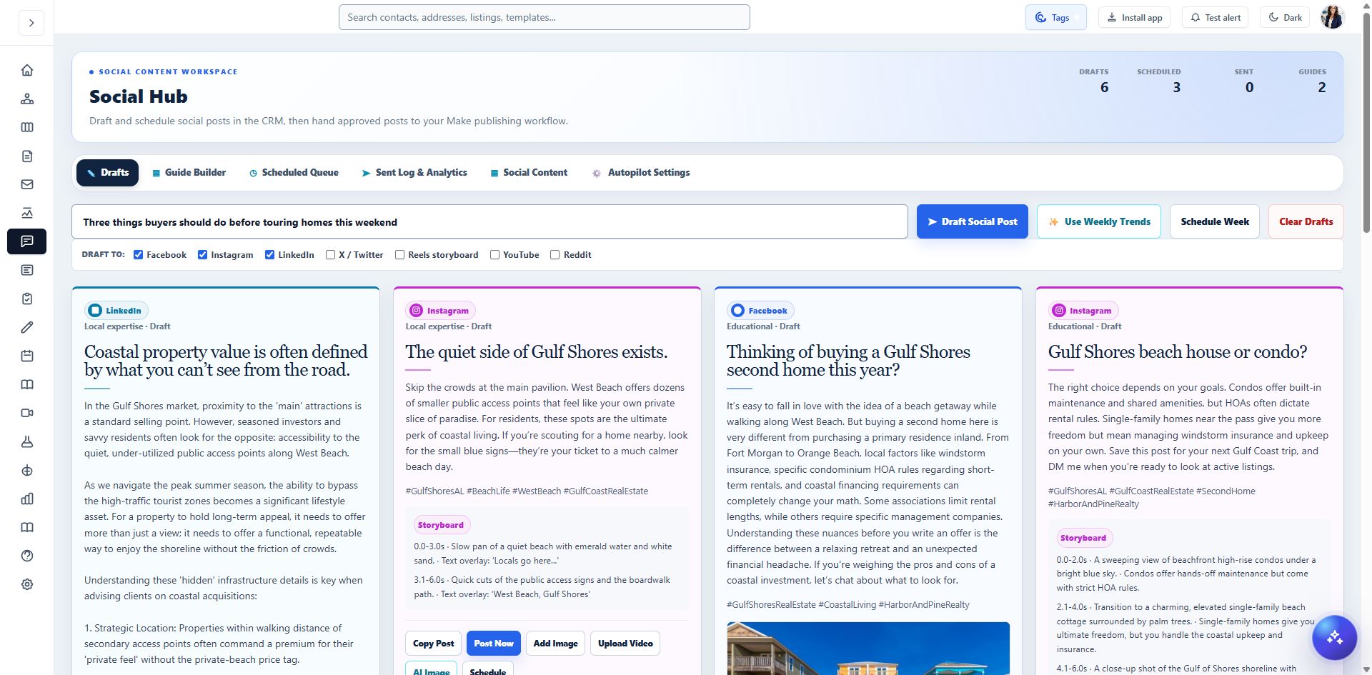 Updated Social Hub with content drafting controls, weekly trends, scheduling, and four platform-specific post drafts